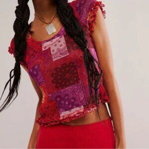 Free People Garner Tee Patchwork Short Sleeve Red/Rouge Blouse Top Women's M NWT